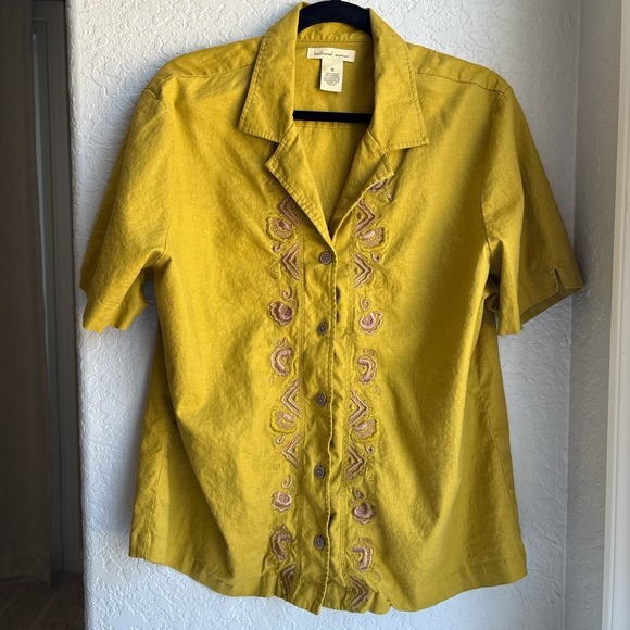 bechamel woman Tops - Womens 1X Shirt Mustard Yellow 90s Vintage Linen Blend Collar Embroidered Short